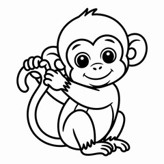 A playful cartoon monkey holding a small bunch of bananas isolated on white background, Vector, illustration