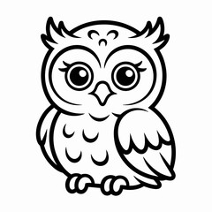 A stylized black and white illustration of an adorable owl perched thoughtfully isolated on white background, Vector, illustration
