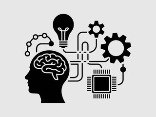 The fusion of human cognition and artificial intelligence through interconnected technology isolated on white background, Vector, illustration