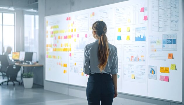 Mujer de espaldas trabajando en planificaci&oacute;n estrat&eacute;gica con notas adhesivas en oficina moderna y luminosa