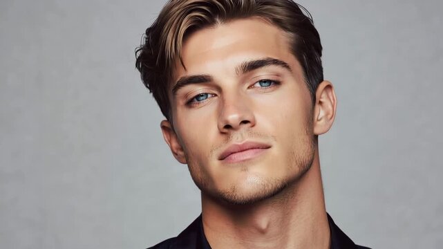 Young Caucasian man with stylish hair and blue eyes. He has a chiseled jawline and a confident expression. The background is plain and neutral, emphasizing his features.