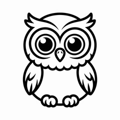A stylish black and white line drawing of an owl with a friendly expression. isolated on white background, Vector, illustration