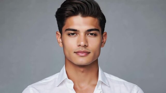 A young South Asian man with dark hair and a clean-cut appearance poses against a plain background, showcasing a modern hairstyle and fashion sense.
