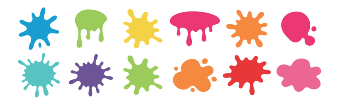 Colorful paint splash shapes set, abstract liquid blobs and dripping spots vector illustration collection on transparent background