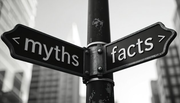 Street sign with directions pointing to myths and facts. City buildings in background. Symbolizes choice between truth and falsehood. Represents decision making and information discernment.