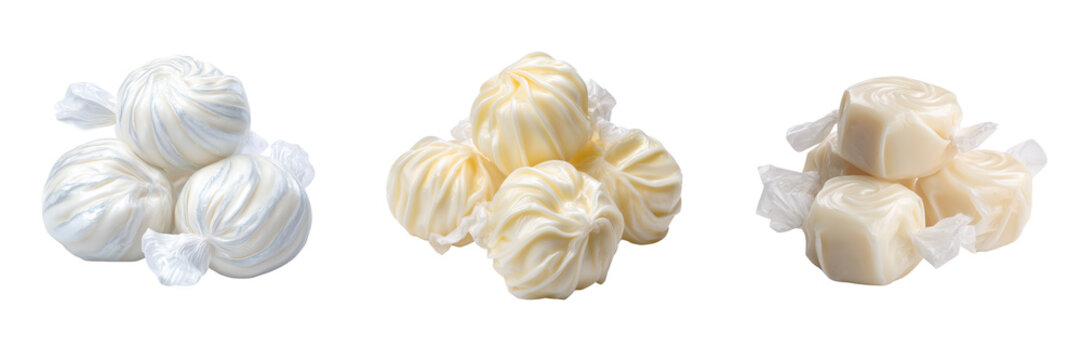 Set of Vanilla taffy candies neatly in a scattered on transparent png background. Ai generated