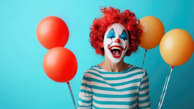Cheerful clown celebrating April Fools' Day, spreading laughter and smiles. Playful background with copy space for your message.