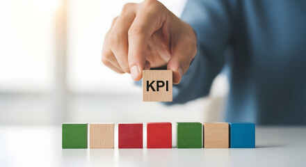 KPI wooden block above arranged blocks, evaluation and analysis theme, bright blur background, modern corporate aesthetic
