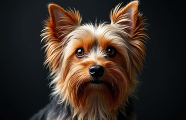Fototapeta premium Close-up studio portrait of small Yorkshire Terrier dog looking directly forward with intelligent eyes. Breed known for long coat, playful demeanor. Makes perfect companion animal for many households.