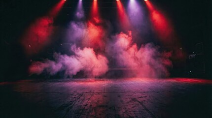 Naklejka premium Dramatic stage lighting with red and purple smoke creating an atmospheric performance space