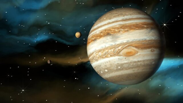 A 3D animation of the planet Jupiter and its moons in deep space