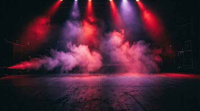 Stage lighting and smoke effects create a dramatic atmosphere on an empty wooden theater floor