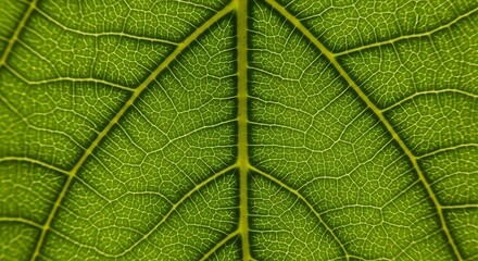 Closeup of a vibrant green leaf showcasing intricate vein patterns and textures.