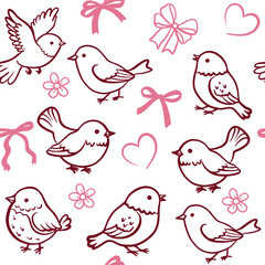 Obraz premium Seamless pattern with hand-drawn cute birds, pink bows, and flowers. Romantic doodle vector background for nursery textile, wrapping paper, and spring decor
