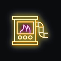 Naklejka premium Neon icon of a fireplace burning with a bright yellow flame and a chimney