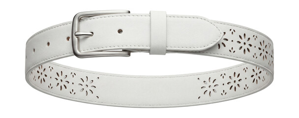 Thin white leather belt with a delicate laser-cut floral pattern
