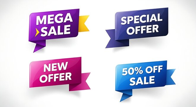 Collection of Four Colorful Promotional Sale and Offer Banners with Text Including Mega Sale, Special Offer, New Offer, and 50% Off Sale