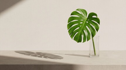 Single Monstera leaf in glass vase on minimalist table
