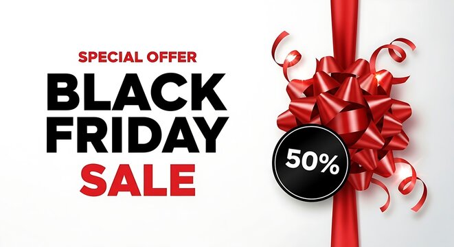 Black Friday Sale Special Offer with 50% Discount and Red Ribbon Bow