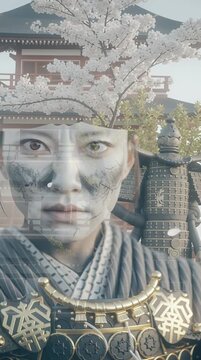 K&uuml;nstlerisches Portr&auml;t mit asiatisch inspirierter &Auml;sthetik und Doppelbelichtung. Symbolische Darstellung von Tradition, Geschichte, St&auml;rke und Identit&auml;t im asiatischen Kulturraum. Ideal f&uuml;r Editorial,