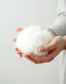 Woman holds soft white holofiber material. This synthetic fluff is used as filler for pillows, blankets and clothing. Eco-friendly material.