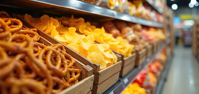 Grocery store snack aisle displays crunchy pretzels and potato chips in wooden crates. Colorful packages line shelves. Perfect for food ads or retail concepts.