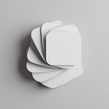 Abstrakter Stapel wei&szlig;er, quadratischer Karten auf grauem Hintergrund. Minimalistisches Mockup mit viel Copyspace, ideal f&uuml;r Branding, Design, Visitenkarten, Social Media, Pr&auml;sentationen und moderne L
