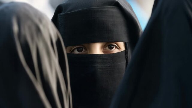 Afghan women wearing black niqab, only eyes visible, central woman perfectly centered and facing camera, intense direct gaze, surrounding women tightly packed around her  4K