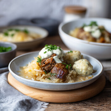 Hausgemachtes Pfannengericht mit gebratenem Fleisch, Kn&ouml;deln und Sauerkraut, serviert in Keramikschale. Rustikale Foodfotografie mit nat&uuml;rlichem Licht, ideal f&uuml;r traditionelle K&uuml;che, Genuss, Rezepte u