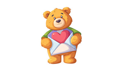 Obraz premium Cute cartoon teddy bear showing an open envelope with a big red heart, symbolizing love, affection, and romantic messages