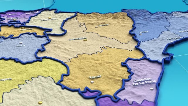 3D animation of a map of Spain zooming into the Aragon region