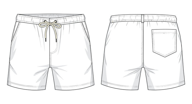 Clean white men's casual drawstring shorts showing front and back views with pockets