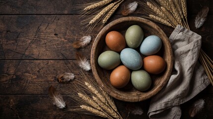 Colorful eggs in rustic wooden bowl with wheat and feathers on dark wood table