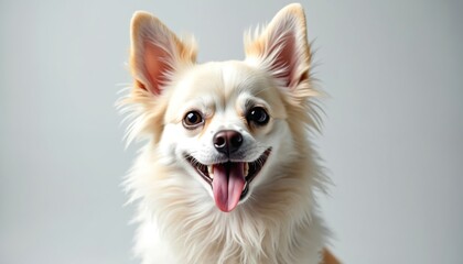 Obraz premium Small fluffy chihuahua dog with big ears smiles happily. Adorable pet sits in studio with light grey background. Long white fur shines, tongue hangs out during warm day.
