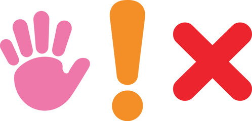 Obraz premium Warning Icons Featuring Pink Handprint, Orange Exclamation Mark, and Red X Mark