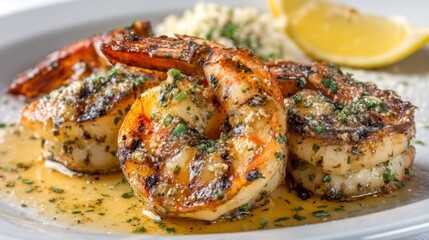 Grilled shrimp with lemon slices and herb sauce served on a plate with a side of fluffy rice and garnished with fresh herbs for a delicious seafood meal