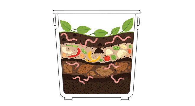Illustration of a compost bin with layers of organic waste and worms