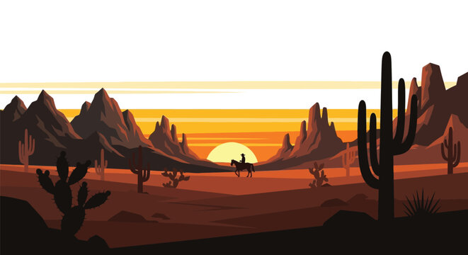 A silhouetted rider on horseback against a vibrant desert sunset landscape