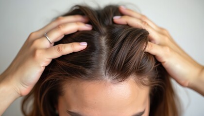 Naklejka premium Woman checks her scalp for hair thinning or loss. She examines hair roots, concerned about hair fall. Concerned about postpartum hair issues or health problems. She needs treatment.