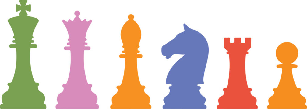 A varied arrangement of colorful chess pieces from king to pawn displayed on a clean white field