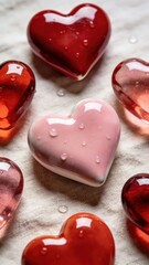 Fototapeta premium Close-up of various heart-shaped objects with water droplets on a textured fabric background