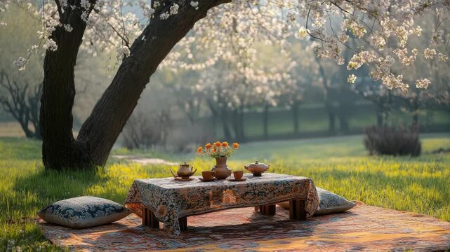 A Haft-Seen table adorned with traditional items is set beneath a blossoming tree, highlighting the joyous Nowruz celebration amidst the serene beauty of nature.