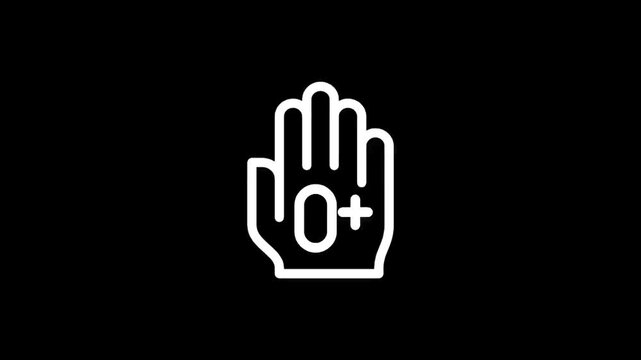 White outline of a hand with the number 0 and a plus sign inside the palm