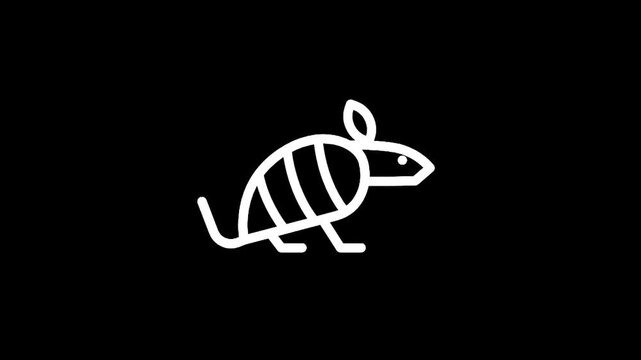 Minimalist white line art icon of an armadillo on a black background