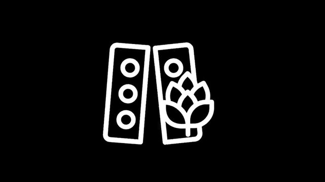 Simple line art icon representing traffic lights and a hop plant on a black background