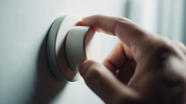 Hand adjusting a dimmer switch, decreasing light output. Promoting energy saving, smart home management, and comfortable ambiance