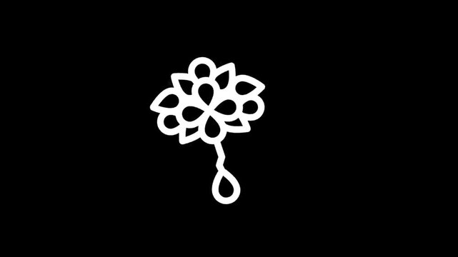 Simple white line art of a flower with a dangling petal on a black background