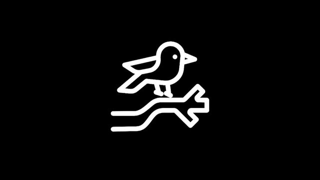 Simple white line art icon of a bird perched on a tree branch against a black background
