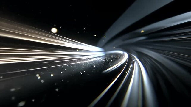 Futuristic tunnel with light streaks and particles.