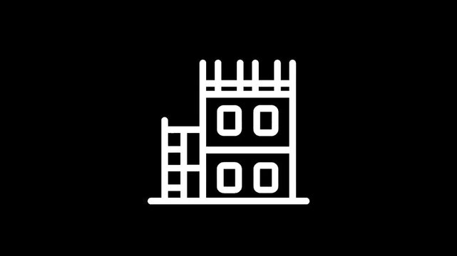 Minimalist white outline of a multi-story building with windows and a ladder on a black background